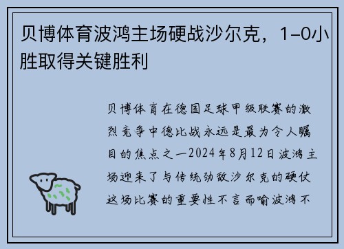 贝博体育波鸿主场硬战沙尔克，1-0小胜取得关键胜利