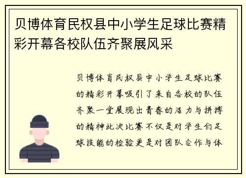 贝博体育民权县中小学生足球比赛精彩开幕各校队伍齐聚展风采